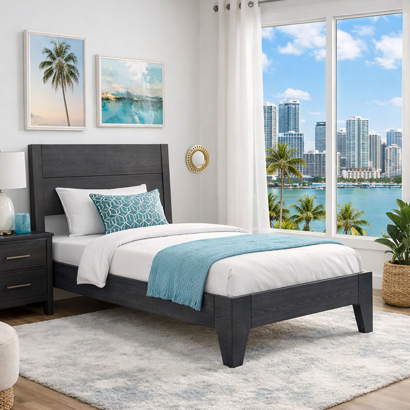 Modern Solid Pine Platform Twin Bed Frame, Black Wash, Twin