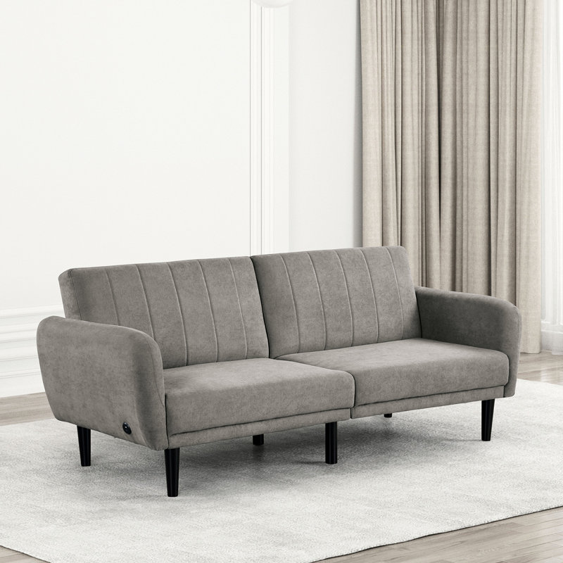 Contemporary Gray 2 - Seat Futon That Converts To Bed, With Channeled Back, Soft Track Arms, And Charging, Fabric Engineered Wood Construction Transitional In Design, Seat, Converting A & C