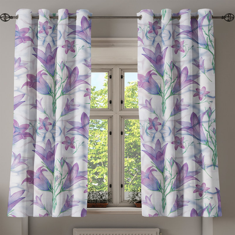 East Urban Home Bluebells Pattern Grommet Curtain Art Retro Floral Pale Purple Fern Green, 50" W x 63" L