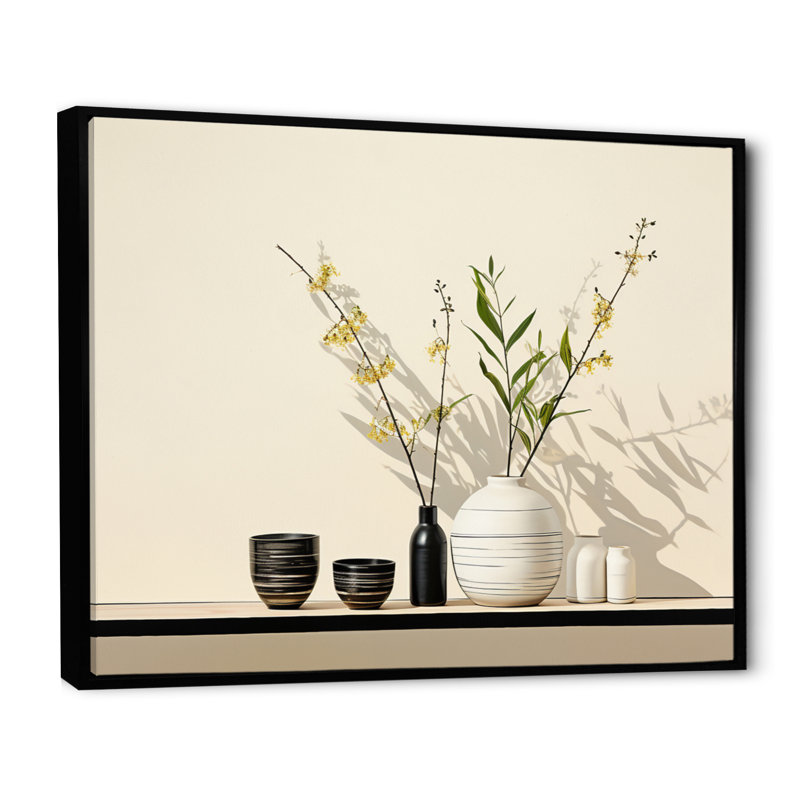 White Black Line Art Minimalist Still II On Canvas Print, Cadre flottant noir, H 16 po x l 32 po x P 1 po