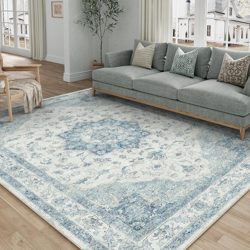 Tapis oriental bleu lavable à la machine Stella, Rectangle 5 pi x 7 pi, Bleu