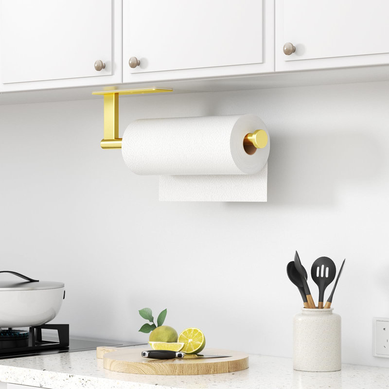 Stainless Steel Paper Towel Holder Under Cabinet, Self-Adhesive or Drilling, Gold