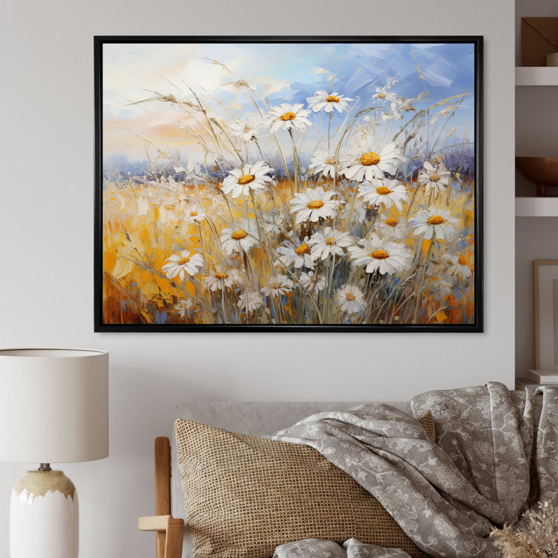 «Daisies Country Charm», impression d'art mural, H 24 po x l 32 po x P 1 po, Cadre flottant noir