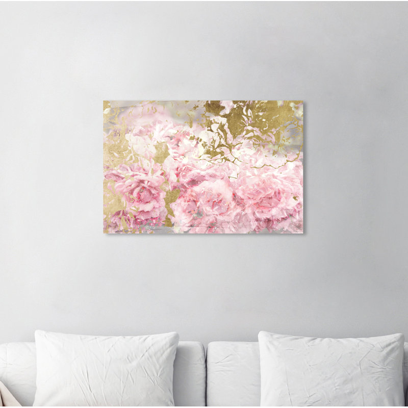 Floral et fleurs de camélias roses et dorées - impression, H 20 po x l 30 po, Cadre noir