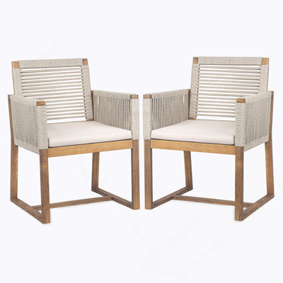 Ensemble de 2 chaises de salle à manger d'extérieur, fauteuil de patio en bois d'acacia avec dossier et accoudoirs en corde et coussin lavable