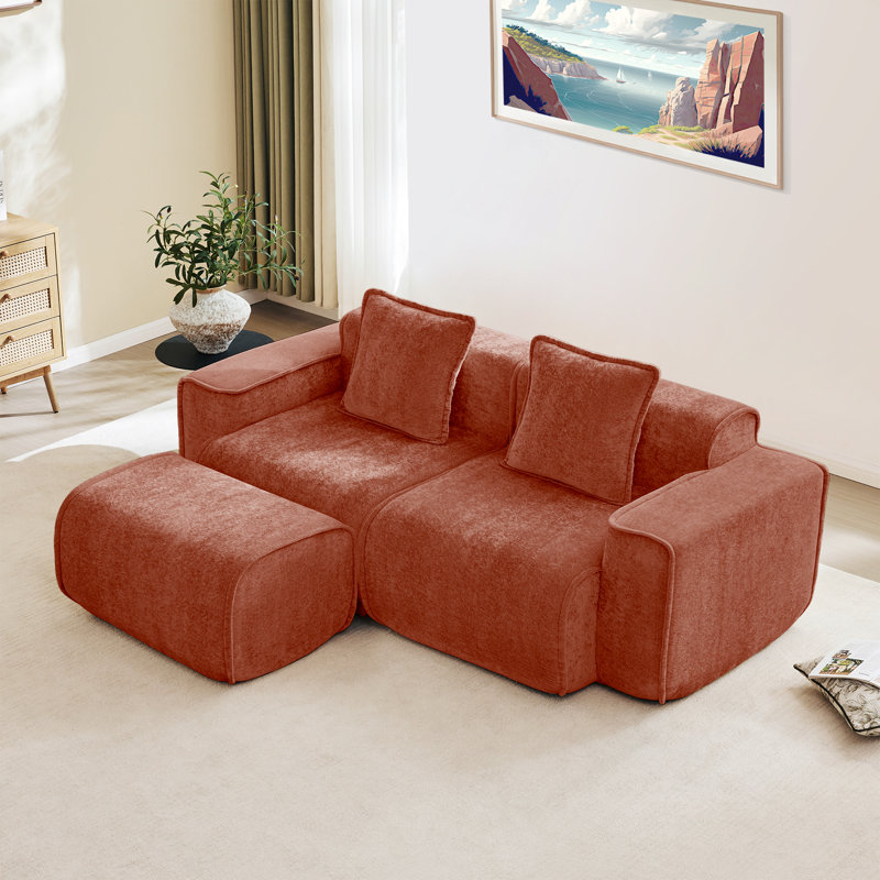 Modular 2 Seat L Shape Sectional Boneless Sofa Streamlined Design  With French Edge Piping, No Assembly Required, 3-Seat Sofa Couch With Throw Pillows And 1 Movable Ottoman, Velvet Fabric