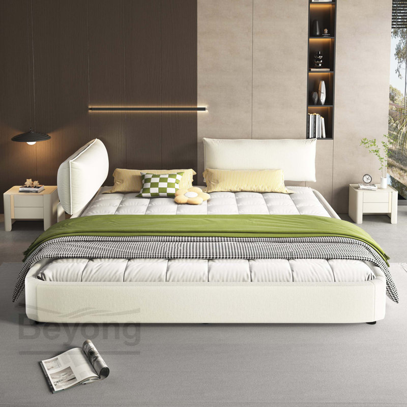 Très grande base de lit avec très grande tête de lit mobile rembourrée, lit tapissier en chenille avec coin rond, support double en lattes de bois massif et métal, pas de sommier nécessaire, beige / blanc