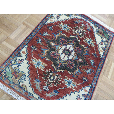 Tapis rouge en laine noué à la main de conception unique 2 pi 1 po x 2 pi 11 po Beare
