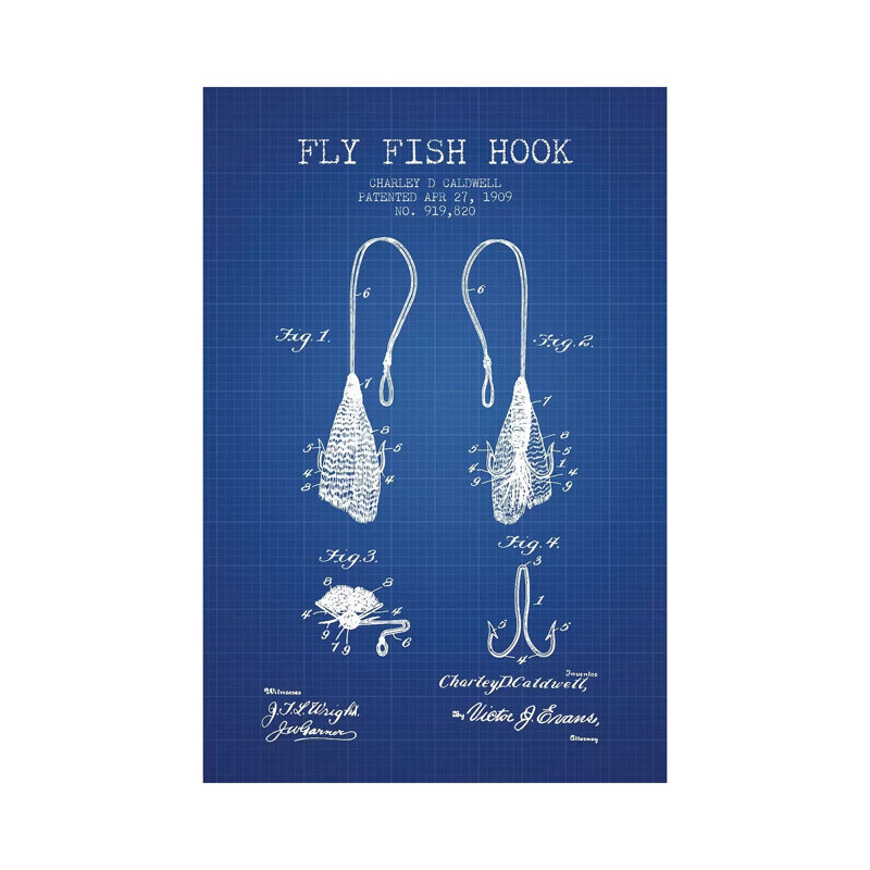 Charley D. Caldwell Fly Fish Hook Patent Sketch (Blue Grid) by Aged Pixel - Wrapped Canvas Print