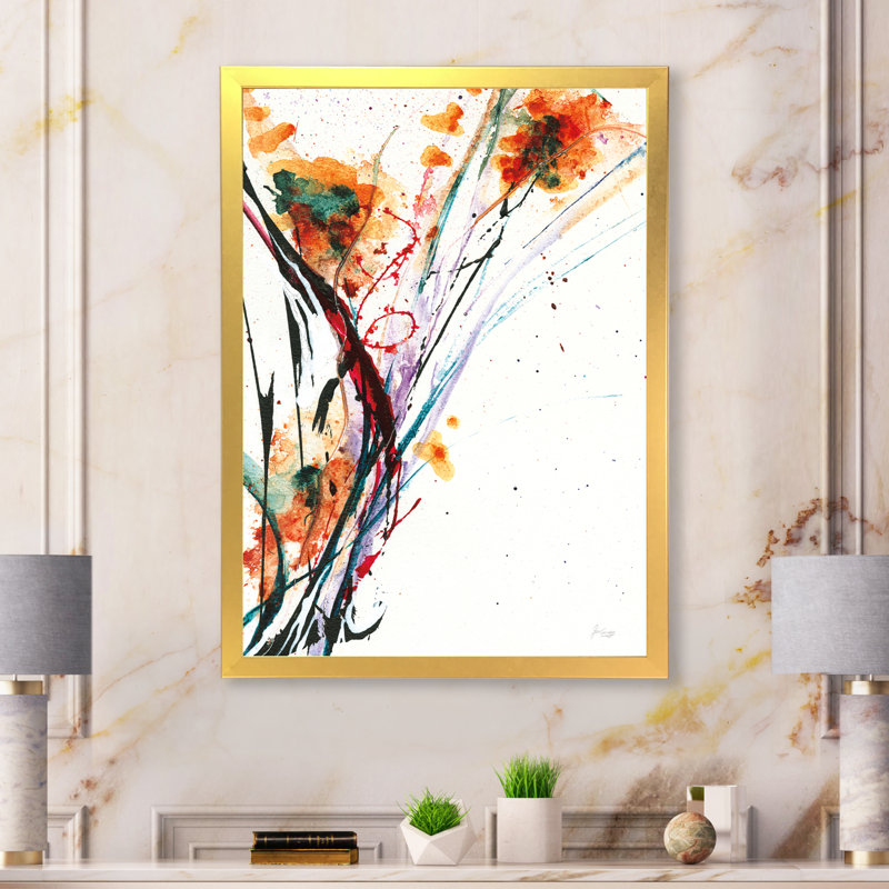 Cadre photo « abstract handpainted orange florals », reproduction sur toile, H 20 po x l 12 po x P 1po, Cadre doré