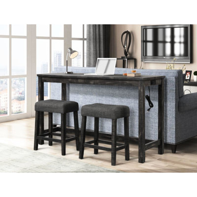 Table de salle à manger 3 pièces pour comptoir - table en bois massif avec prise électrique, 2 ports, tabourets de sièges, noir anthracite, design rustique et transitionnel, table de 60 po, sièges 2, rectangulaire, prise de style