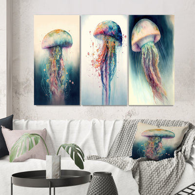 Colorful Deepsea Jellyfish  3  Pieces on Canvas