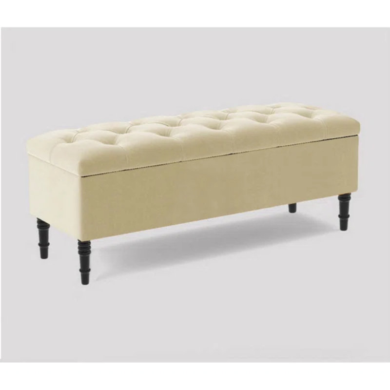Swiss Chesterfield Ottoman Storage Bench - Upholstered Plush Velvet Shoes Bench with Black Turned Wooden Legs, Cream Plush