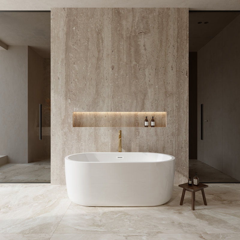 Juliette 60'' x 31.25'' Soaking Acrylic Bathtub with Faucet, White/Shiny White/Brushed Gold