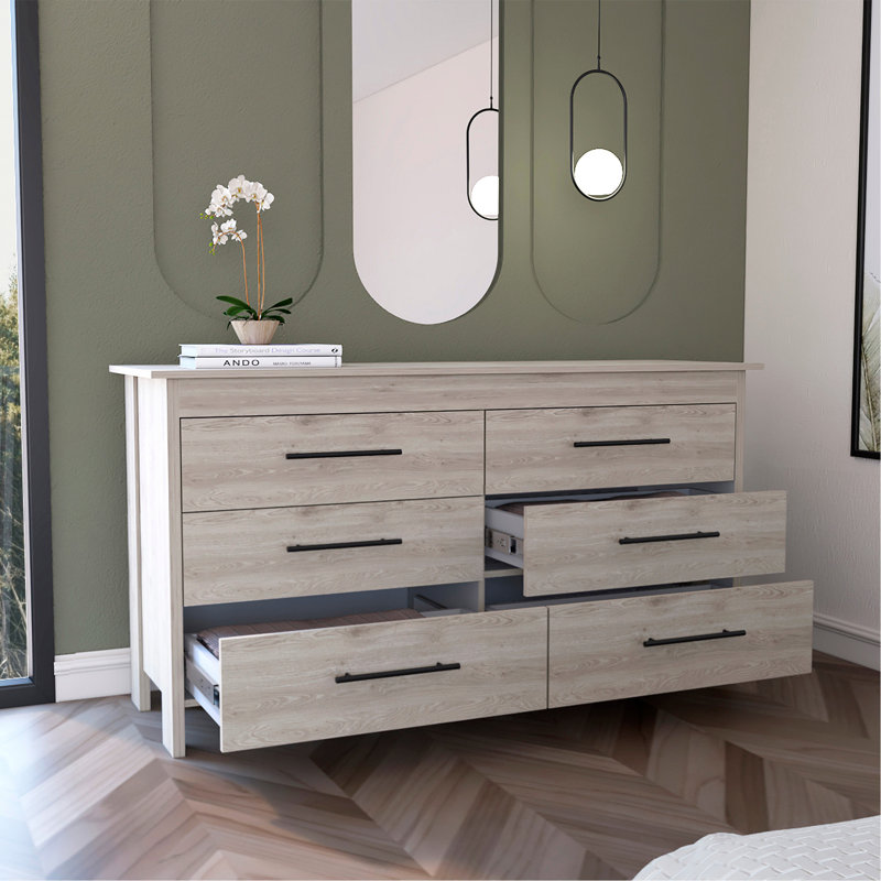 Commode double 6 tiroirs Paris, quatre pieds, plateau supérieur, gris clair
