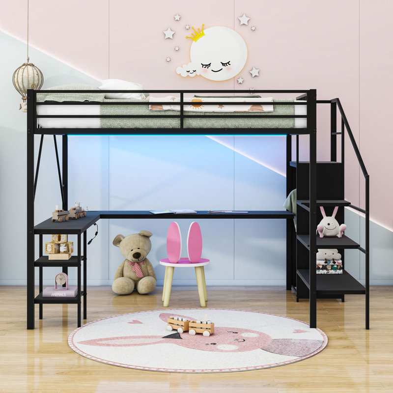 Loft Bed With Desk, Storage Staircase, And USB/LED Features, Queen