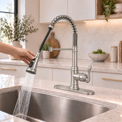  VIBRANTBATH Brushed Nickel Pull Down Kitchen Faucet, Modern Minimalist Single Handle 3-Function Sprayer Kitchen Sink Faucet with Deck Plate