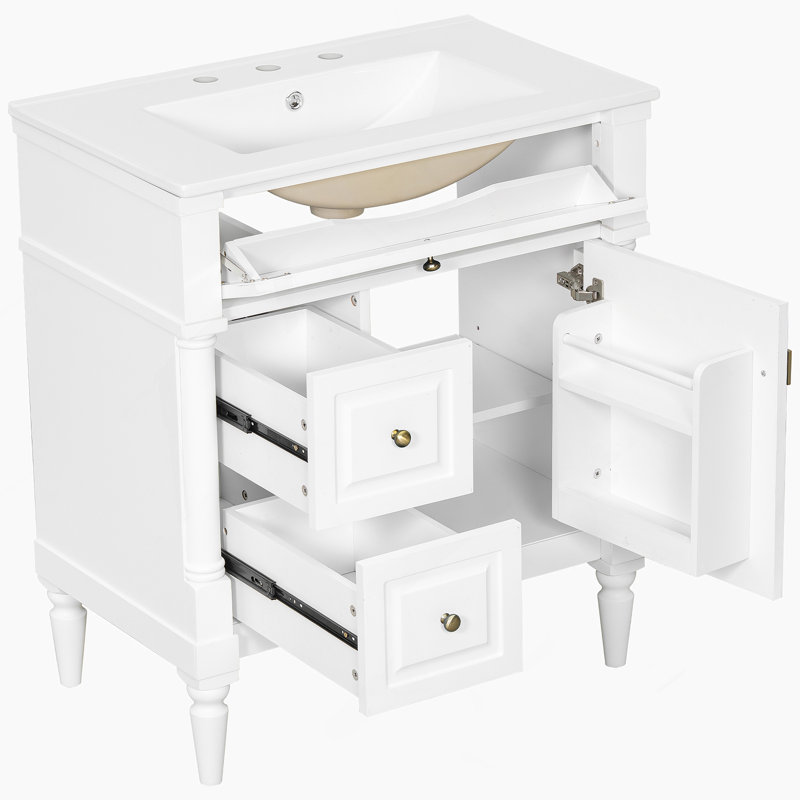 Meuble-lavabo de salle de bain avec lavabo, armoire autoportante en bois avec tiroir rabattable et tablette réglable, White