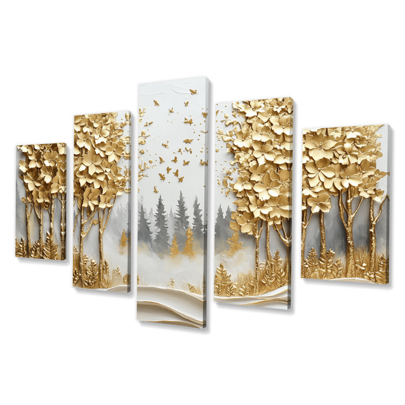 «Blue Gold Pine Tree Misty Mountain Mornings IV», ensemble d'art mural pin
