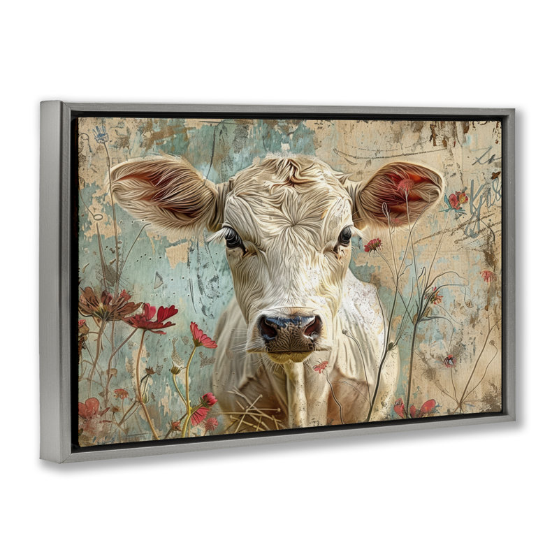  «Spring Country Cow», toile flottante encadrée par LSR Design Studio, H 17 po x l 25 po, Cadre flottant gris lustré