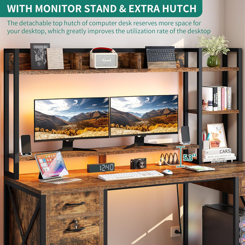Computer Desk with Drawers & Power Outlets,59"Home Office Desk with HutchGaming Desk with LED Lights
