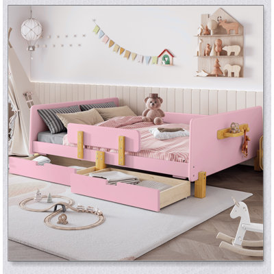 Full Size Platform Bed with Storage Drawers, Solid Wood Frame, Guardrail, Shelf, and Hooks, No Box Spring Needed