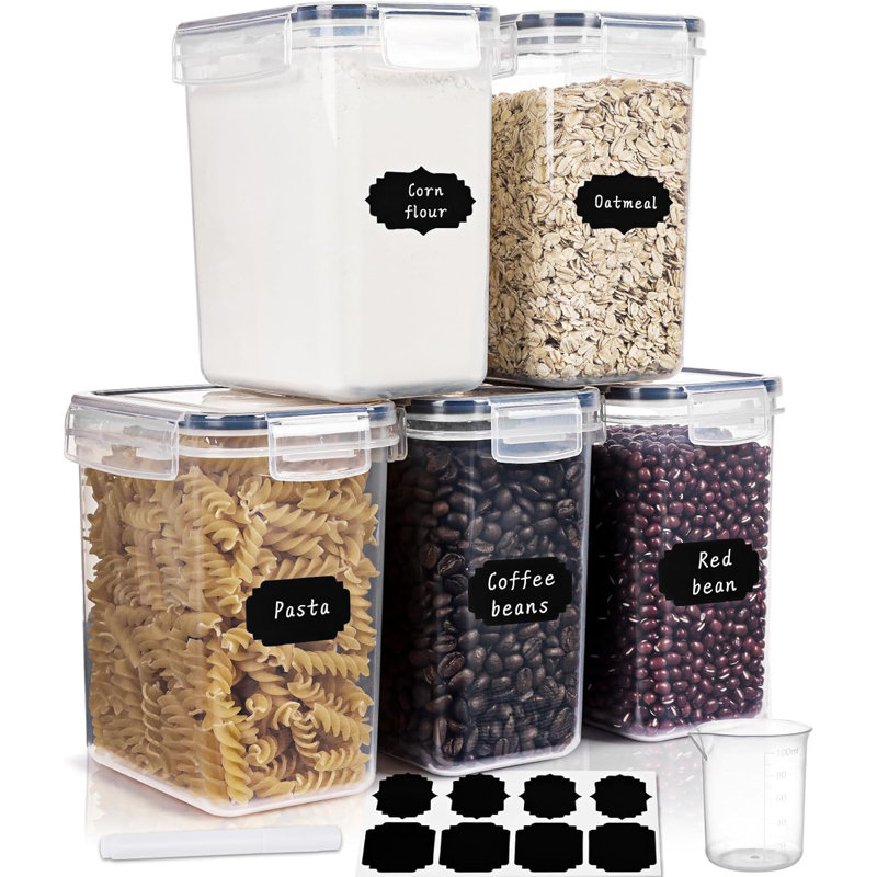 5 Pack 1.6L Airtight Food Storage Containers, 1.5Qt Plastic Storage Boxes For Organiziting Kitchen With Labels And Measuring Bottles, For Cereals, Beans,Sugar, Flour