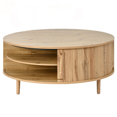 Minimalist Round Lift-Top Coffee Table with Sliding Door and Pine Legs