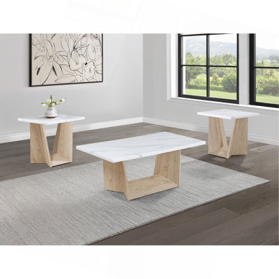 Ensemble de table basse moderne 3 pièces Table de bout Table de bout luxueuse avec plateau en faux marbre blanc et base en chêne blanc angulaire