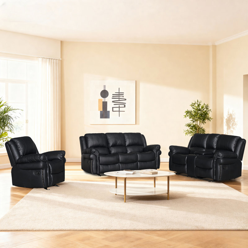 Ensemble de canapé inclinable manuel en similicuir: 3 places avec table rabattable, 2 places avec console et fauteuil inclinable - noir