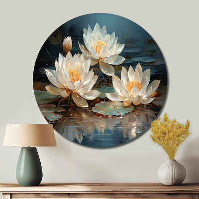 Lotus Blossoms Bathed In Moonlight - Floral Round Metal Wall Art