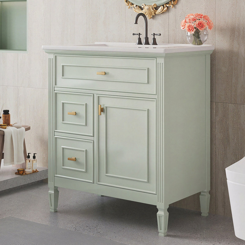 Meuble-lavabo 30 po avec lavabo, meuble-lavabo avec un tiroir rabattable et deux tiroirs, tablette réglable, bois massif et panneau de fibres à densité moyenne
