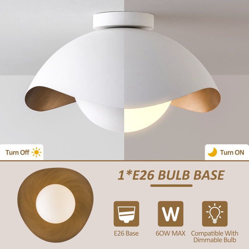 15.5" 1-Light Modern Globe ETL Flush Mount Ceiling Light With Opal Glass, White Exterior & Gold Interior Shell-Style Dimmable Shade For Hallway