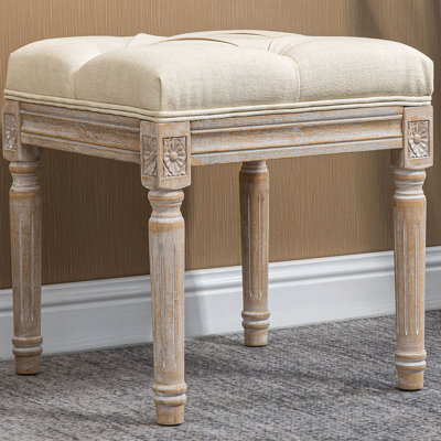 16" Vintage Ottoman, Tufted Foot Stool With Upholstered Seat, Rustic Wood Legs
