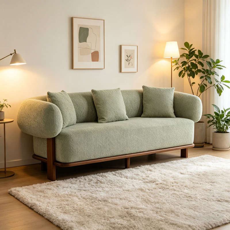 Round Arm Curved Sofa-Light Green, Light Green