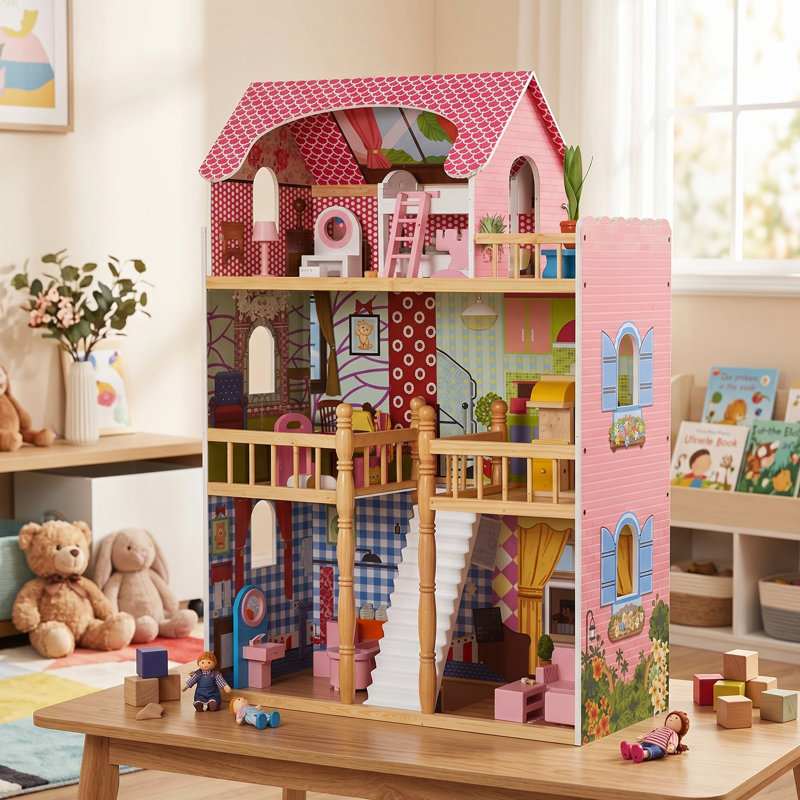 Maison de poupée en bois pour enfants avec accessoires de mobilier pour anniversaire et Noël