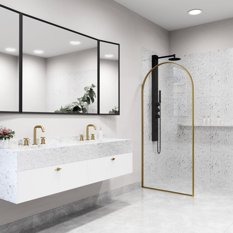 Arden 34" W x 78" H Fixed Framed Shower Screen with 3/8" Clear Glass, Matte Brushed Gold