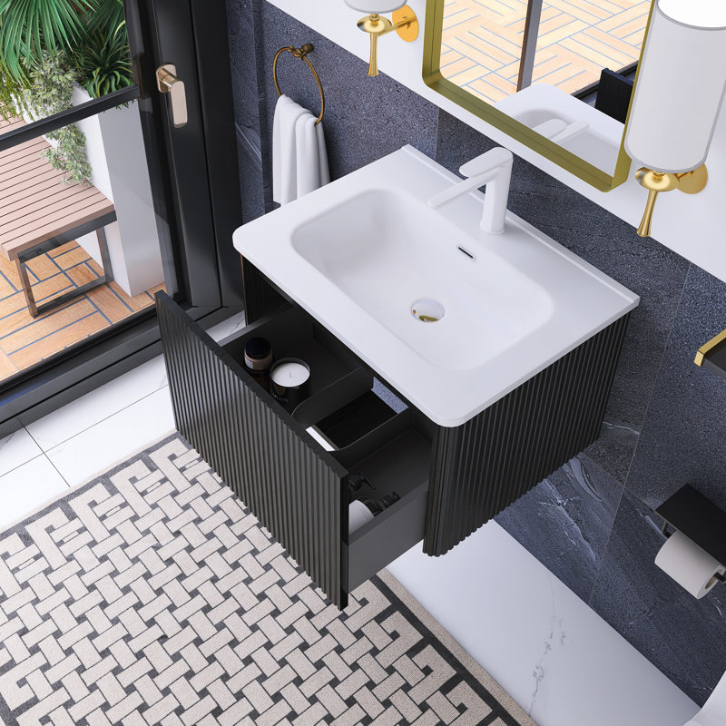 24 po Meuble-lavabo mural élégant avec lavabo en céramique, Noir, noir, noir, noir