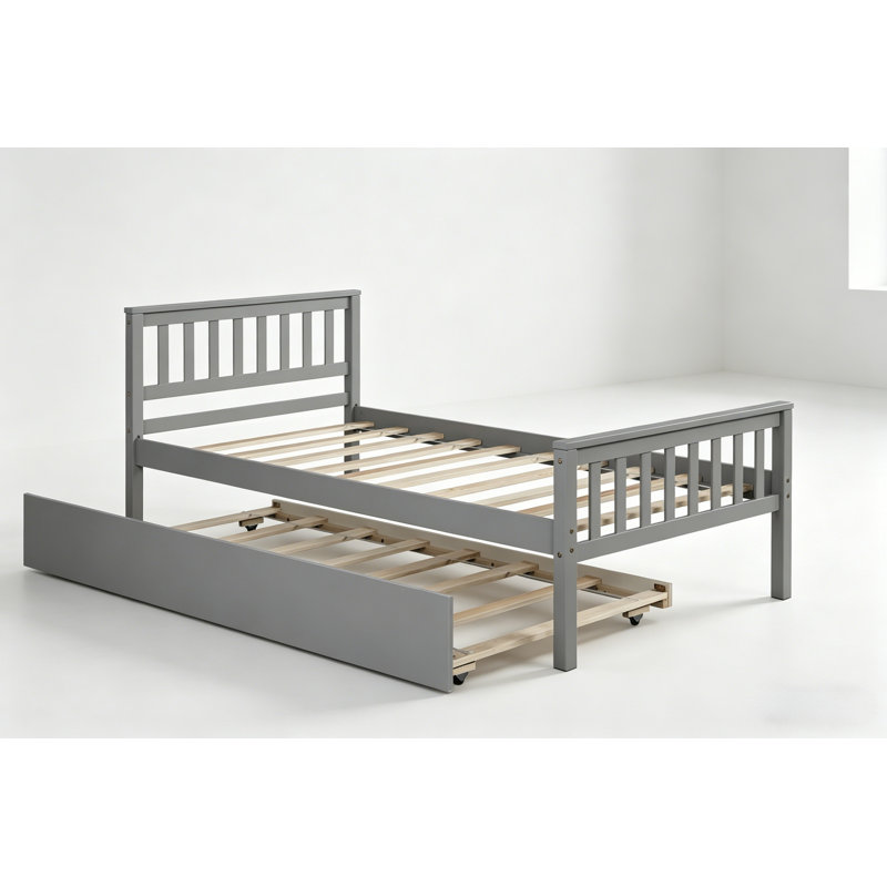 Lit simple avec lit gigogne, cadre de lit plateforme avec tête et pied de lit, pour petit espace de vie dans la chambre à coucher, aucun sommier tapissier requis, gris