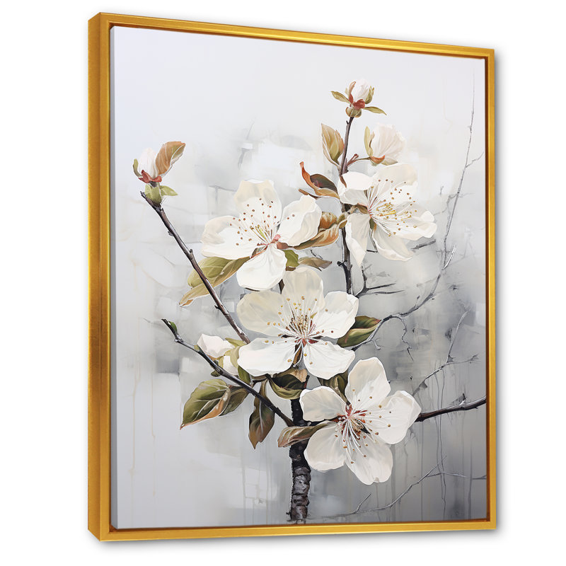 Minimalisme, fleur de pommier blanc I sur toile, Cadre flottant doré, H 32 po x l 16 po x P 1 po