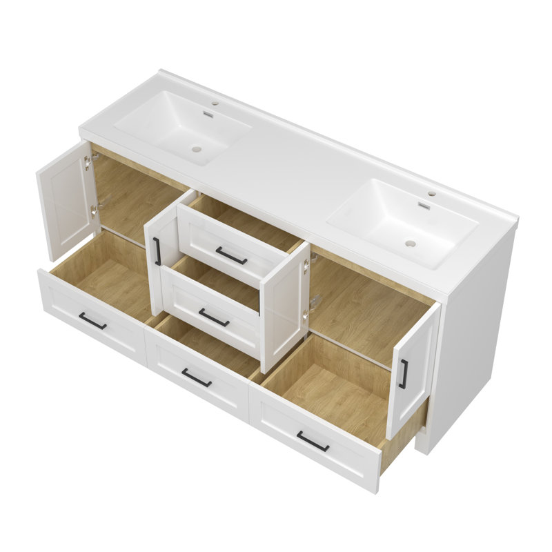 Ensemble de meuble-lavabo double en bois massif avec surface de comptoir et armoire de rangement pré-assemblée 72 po, Blanc
