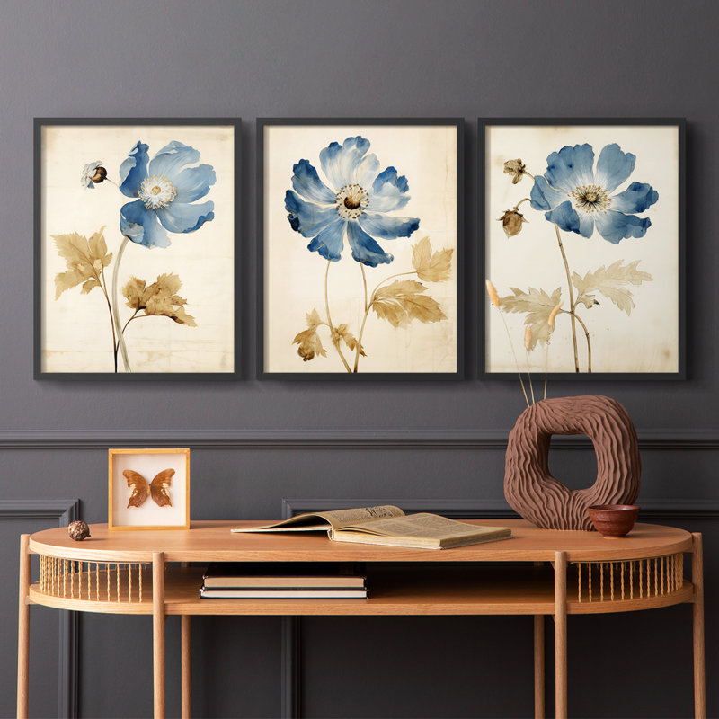 Étude florale, série 11, ensemble de 3 estampes numériques, prêt à accrocher, Cadre noir, H 14 po x l 11 po