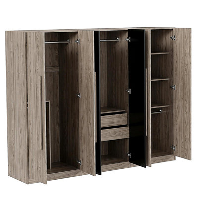 Armoire de rangement en bois à 6 portes avec 2 tiroirs, noir et naturel
