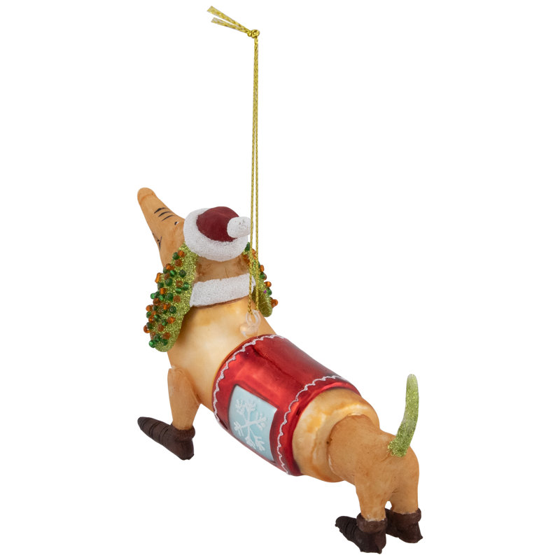 Dachshund Dog With Santa Hat Glass Christmas Ornament - 5.75"