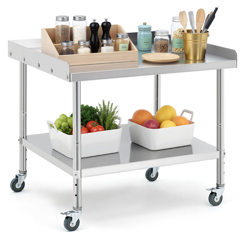 Table de préparation 28 po x 24 po en acier inoxydable avec pare-éclaboussures et roues verrouillables, chariot de poste de travail commercial pour barbecue de restaurant, cuisine et maison