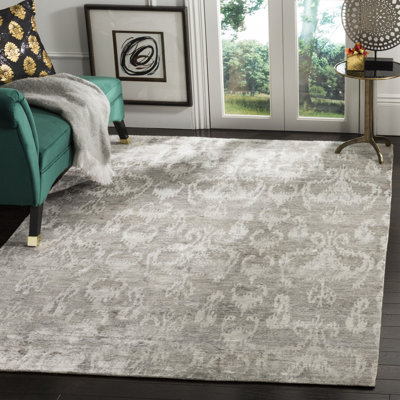 Tibetan Hand Knotted Viscose/Cotton Ikat Rug in Grey