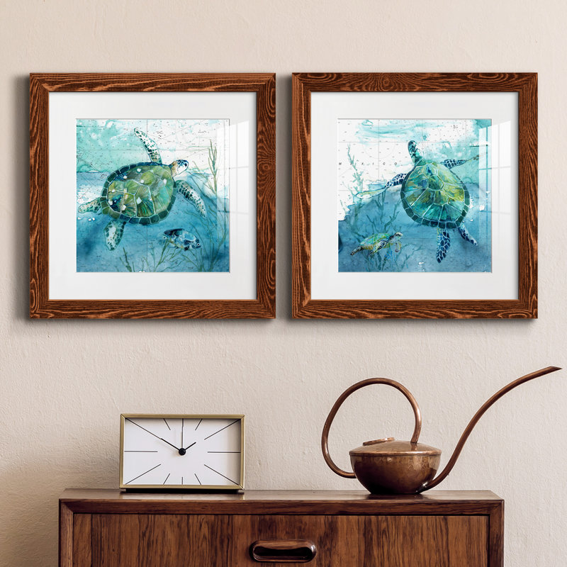 «Island Swim I», ensemble de 2 peintures, H 24 po x l 48 po, Papier dans un cadre photo, Noyer