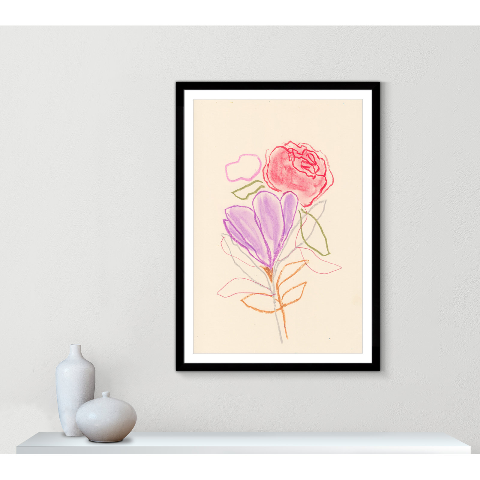 Simple Floral III Print by Bea Dina, Black Single Picture Framed Paper, White, 55" H x 39" W x 1.25" D