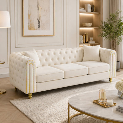 Canapé de 63 po en velours avec 2 coussins et décor en métal doré