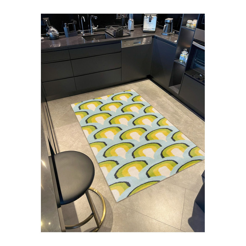 Tapis jaune lavable à motif de rayures à motif arc-en-ciel, Sous-tapis carré 3 pi 3 po inclus